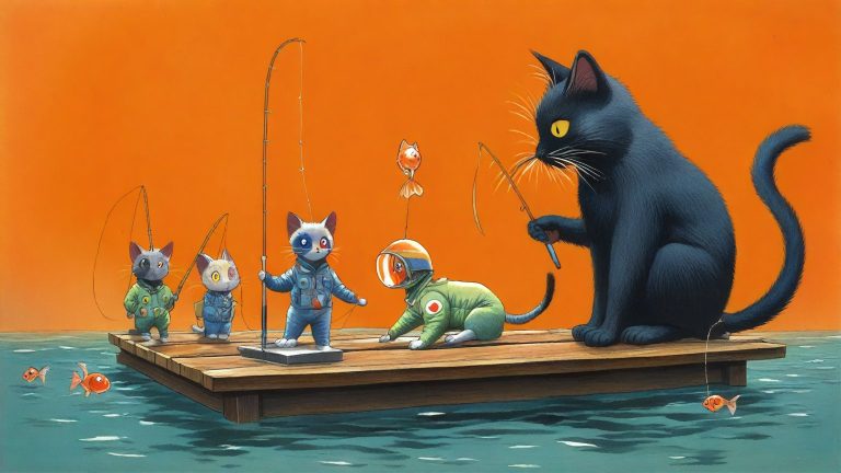 Illustrazione del corso MTCNA: On a wooden raft drifting across a calm sea, a large, furry cat teacher instructs kitten students in space suits. At small benches, the kittens use fishing rods to pull colorful ca