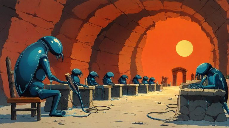 Illustrazione del corso MTCTCE: In a subterranean cavern, a large beetle instructor oversees student beetles seated at stone benches. They manage a complex network of translucent pipes and heavy valves directing