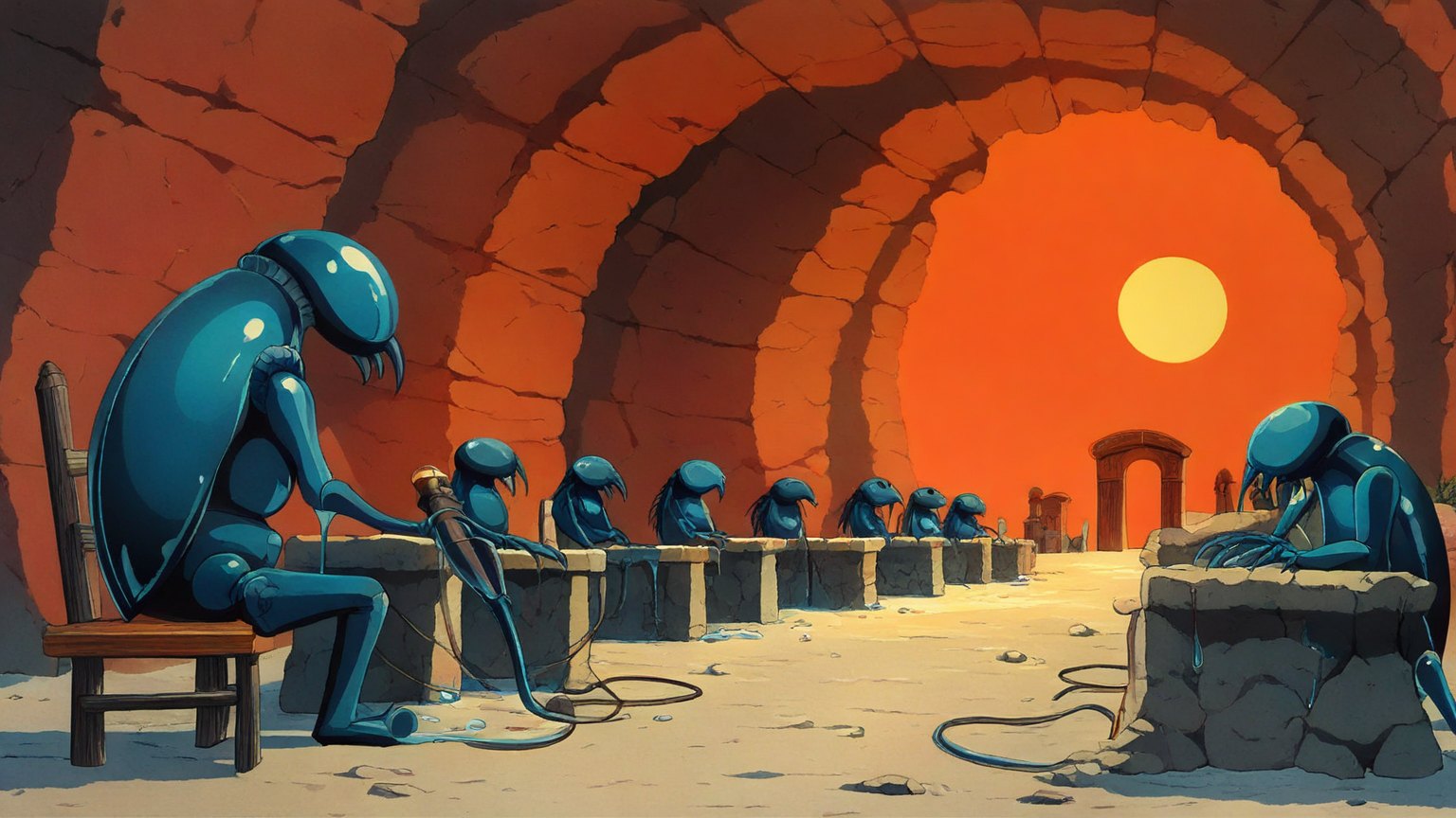 Illustrazione del corso MTCTCE: In a subterranean cavern, a large beetle instructor oversees student beetles seated at stone benches. They manage a complex network of translucent pipes and heavy valves directing