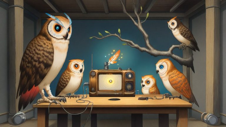 Illustrazione del corso Webinar: Inside a warm wooden cabin, a large owl teacher instructs student owls perched on high branches. They surround a massive, glowing vintage radio on a central table. Each desk holds
