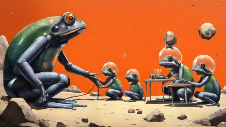 Illustrazione del corso MTCNA: On a lunar crater base, a large toad teacher instructs frog students at small metallic desks. The frogs, wearing translucent bubble helmets, pass a single long cable hand to hand t