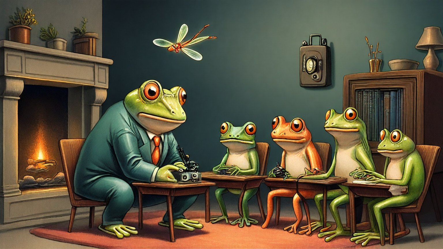 Illustrazione del corso Webinar: In a cozy living room by a fireplace, a large frog teacher instructs student frogs wearing fluffy slippers. They sit at small wooden desks, each holding a tiny router with tangled
