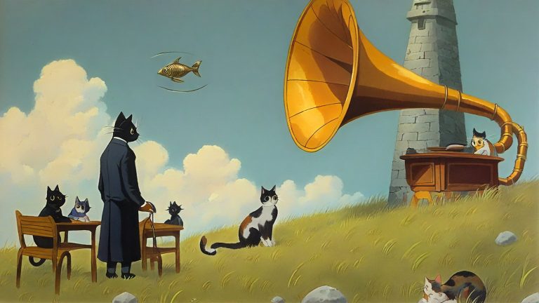 Illustrazione del corso Webinar: On a windswept grassy hillside, a large cat teacher stands before a massive gramophone horn emerging from a stone tower. Student cats sit on wooden benches at small desks, each hol