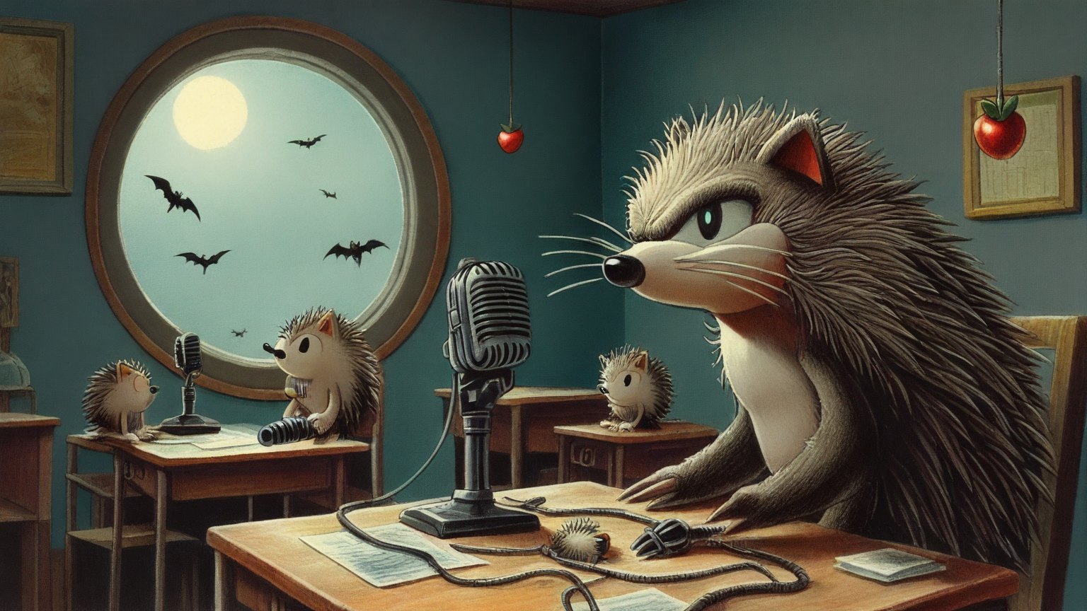 Illustrazione del corso Webinar: Inside a cramped radio studio, a large hedgehog teacher speaks into a vintage microphone. Student hedgehogs sit at small desks, each holding a tiny router with tangled cables. Outs