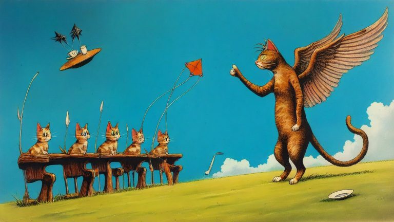 Illustrazione del corso MTCWE: On a windswept grassy hill, a large winged cat teacher gestures toward the sky, instructing several student cats seated at wooden benches. Each desk holds a small router with trail