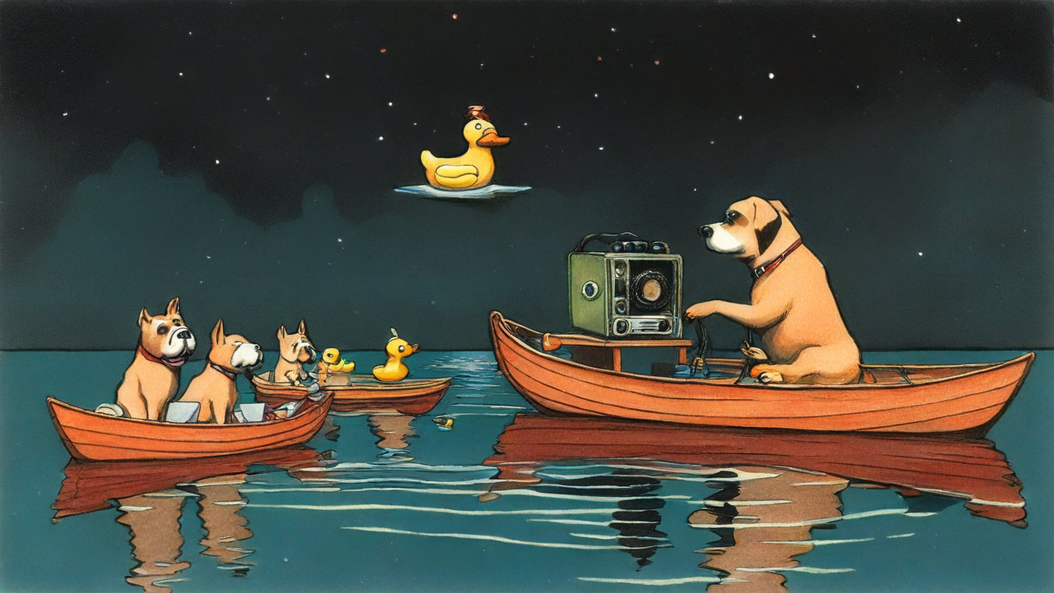 Illustrazione del corso Webinar: On a still, dark lake, a large bulldog teacher floats in a wooden boat alongside student dogs in fluffy slippers. They surround a massive, waterlogged radio. Each boat contains a s