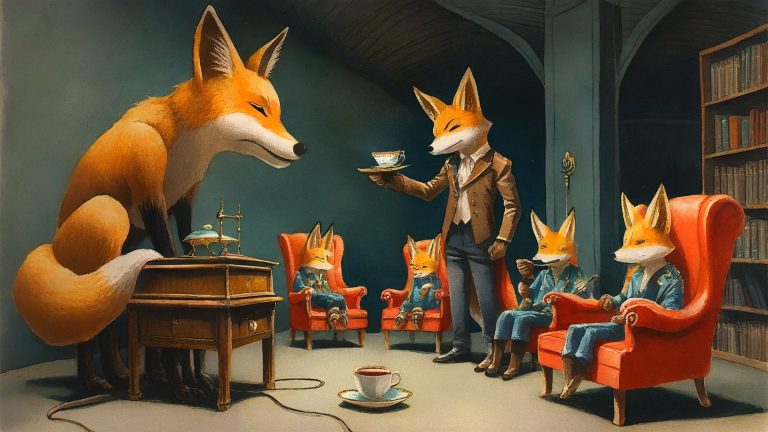 Illustrazione del corso Webinar: In a dusty attic, a large fox teacher gestures toward a massive, brass-coned gramophone. Student foxes lounge in velvet armchairs around small wooden desks, each holding a tiny rou