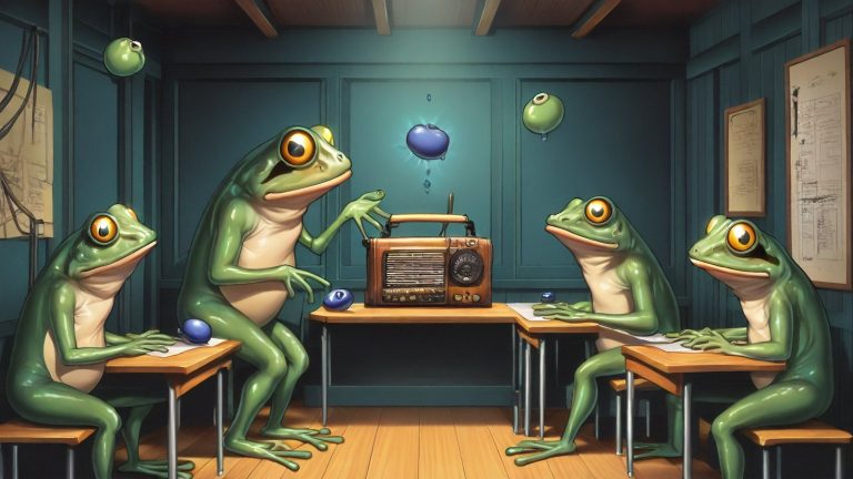 Illustrazione del corso Webinar: Inside a cozy wooden cabin, a large frog teacher instructs student frogs seated at small wooden desks. They surround a massive, glowing vintage radio on a central table. Each desk