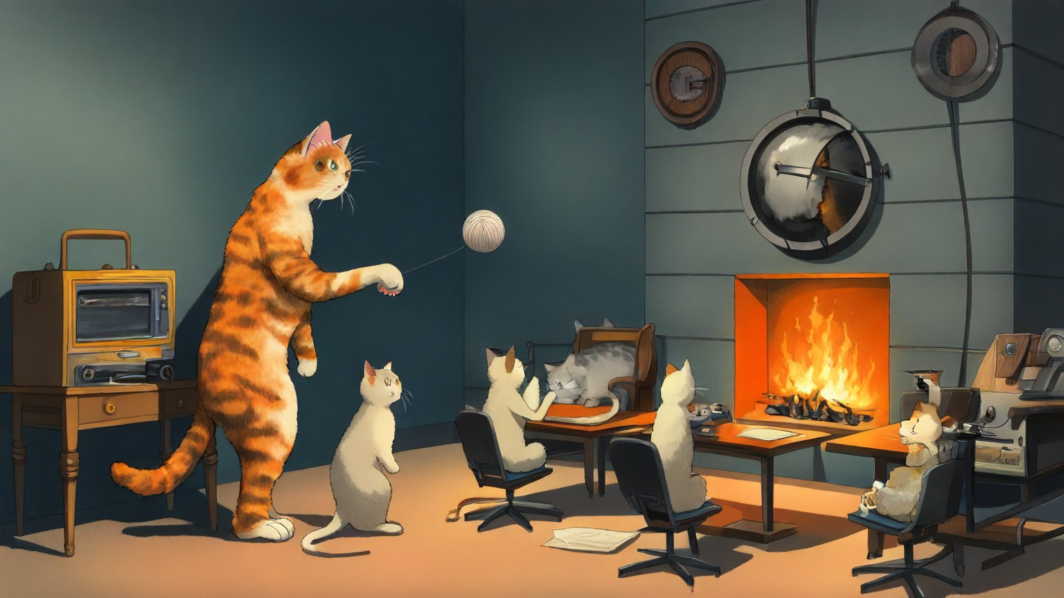 Illustrazione del corso Webinar: In a warm living room, a large cat teacher stands by a massive vintage radio near a fireplace. Student cats in fluffy slippers sit at small desks, each holding a tiny router with t