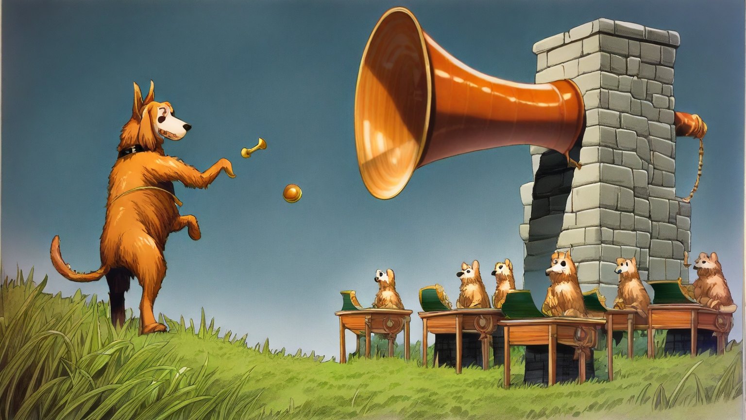 Illustrazione del corso Webinar: On a steep, grassy hillside, a large hound teacher gestures toward a massive gramophone horn protruding from a stone tower. Student dogs in fluffy slippers sit on wooden benches, e