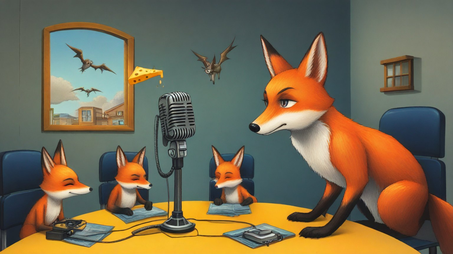 Illustrazione del corso Webinar: Inside a tiny radio studio, a large fox teacher speaks into a vintage microphone. Student foxes sit at small desks, each holding a tiny router with tangled cables. Outside the stud