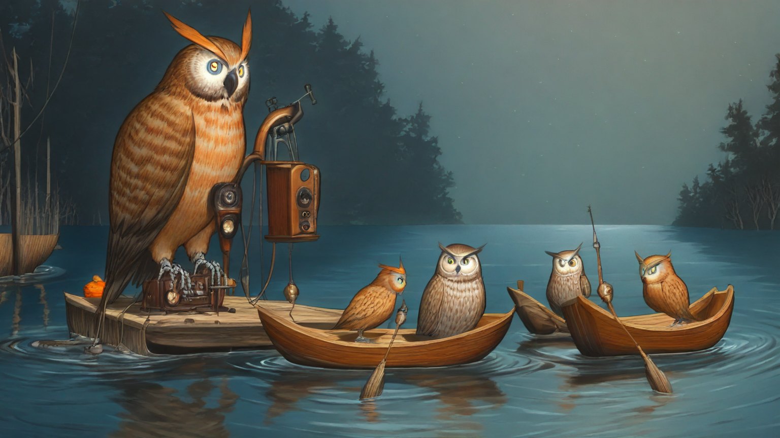Illustrazione del corso Webinar: On a dark, misty lake, a large owl teacher guides student owls in several wooden rowing boats. They surround a massive, floating antique radio. Each boat holds a small bench with a