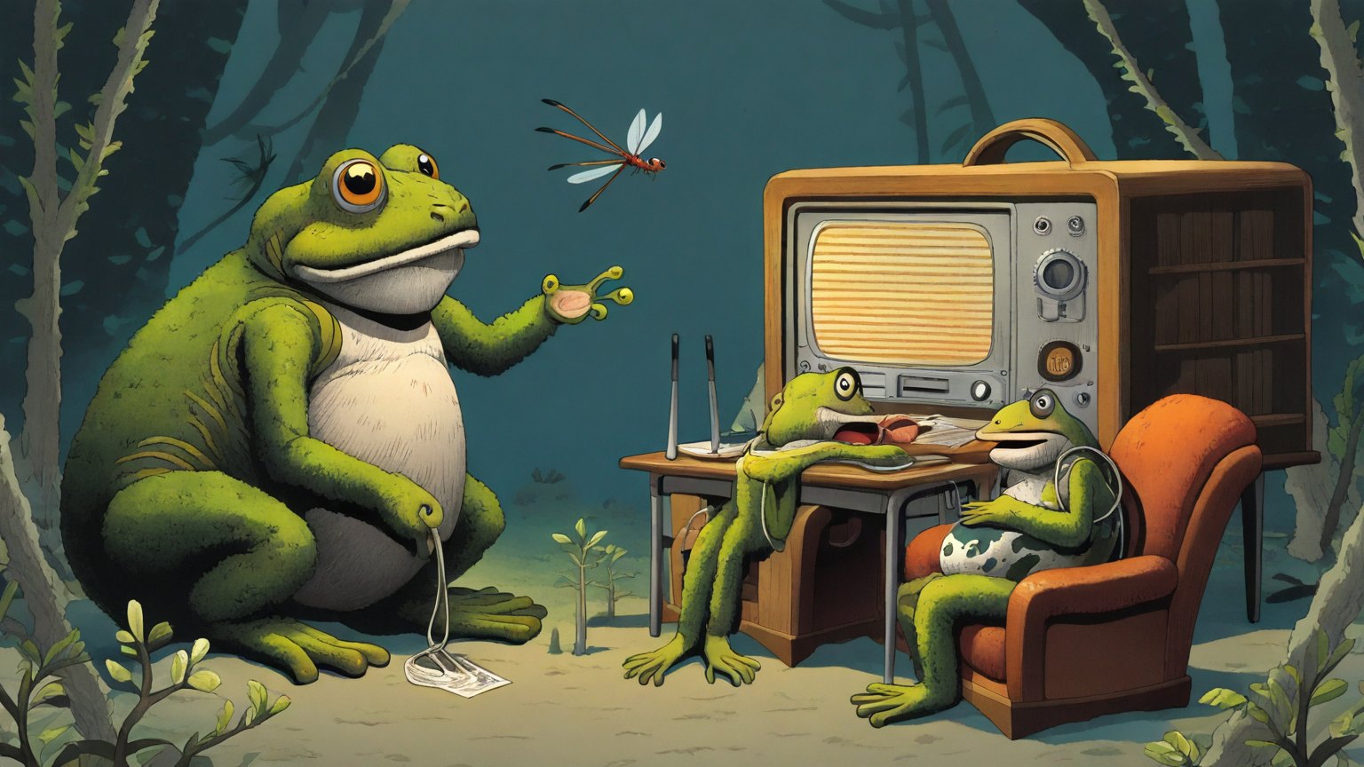 Illustrazione del corso Webinar: In a damp swamp clearing, a large toad teacher gestures toward a massive, mossy vintage radio. Student frogs sit in velvet armchairs around small wooden desks, each holding a tiny
