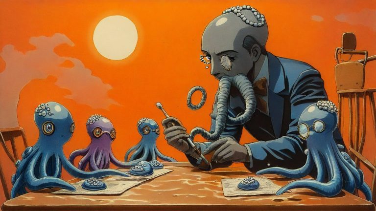 Illustrazione del corso MTCNA: Inside a translucent bubble classroom, a large, elder octopus teacher instructs baby octopus students at small, floating jelly desks. The students connect bright, primary-colored c
