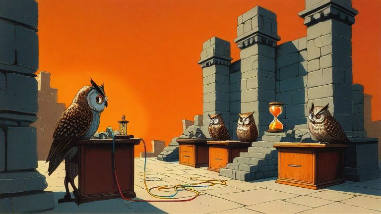 Illustrazione del corso MTCNA: In a high-walled stone exam chamber, a single young owl student sits at a small desk before a panel of three stern owl examiners. The student connects colorful cables between tiny
