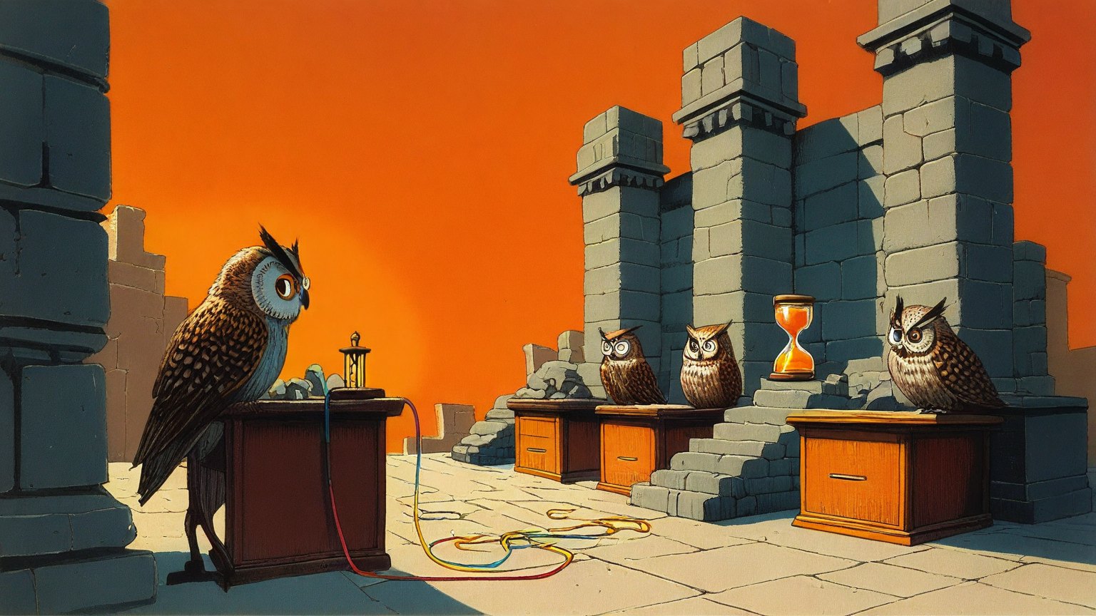 Illustrazione del corso MTCNA: In a high-walled stone exam chamber, a single young owl student sits at a small desk before a panel of three stern owl examiners. The student connects colorful cables between tiny