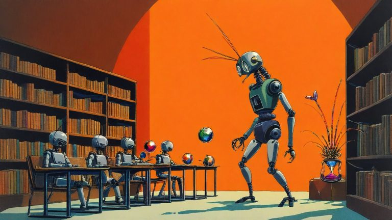 Illustrazione del corso MTCNA: In a vast, silent library, a tall, spindly insect teacher supervises tiny robot students at small wooden desks. Each robot connects colorful cables between miniature toy routers. A