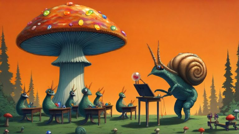 Illustrazione del corso MTCNA: Inside a giant, hollow mushroom, a large snail teacher instructs young snail students at small mossy desks. The students cradle tiny toy routers like fragile eggs, connecting them