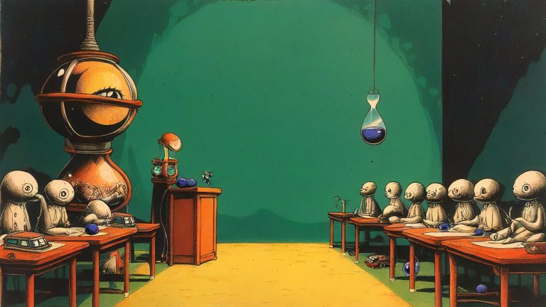 Illustrazione del corso MTCRE: In a vast hall, a three-eyed teacher oversees student aliens at individual desks. Each student directs tiny cars through miniature road junctions, while a massive hourglass looms o
