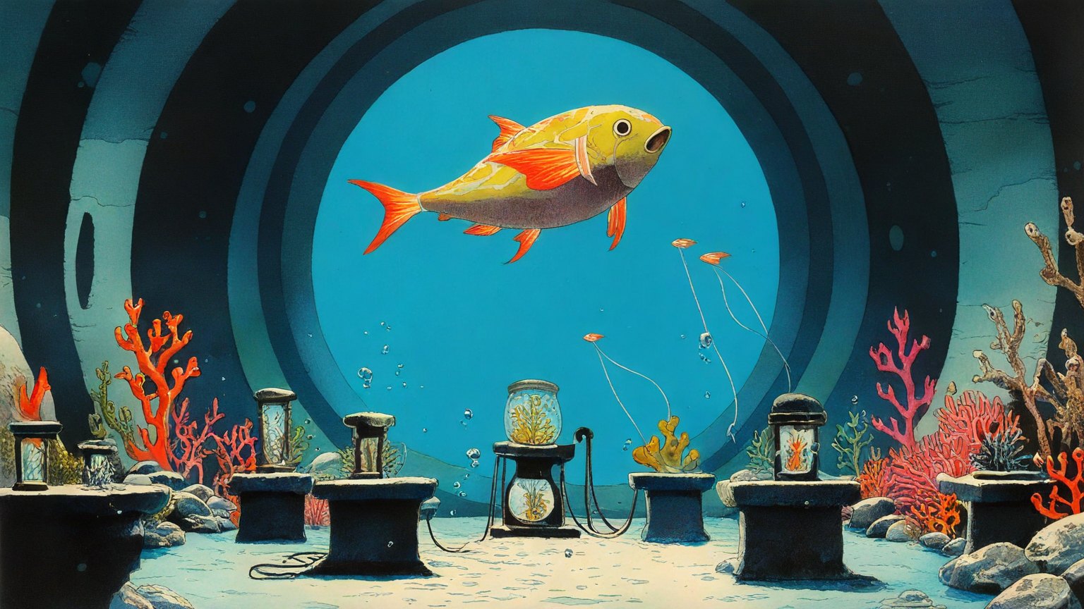 Illustrazione del corso MTCWE: In a vast, hollowed-out coral hall, a large flying fish teacher hovers over student fish at stone desks. Each desk holds a small router with trailing cables. A giant hourglass rest