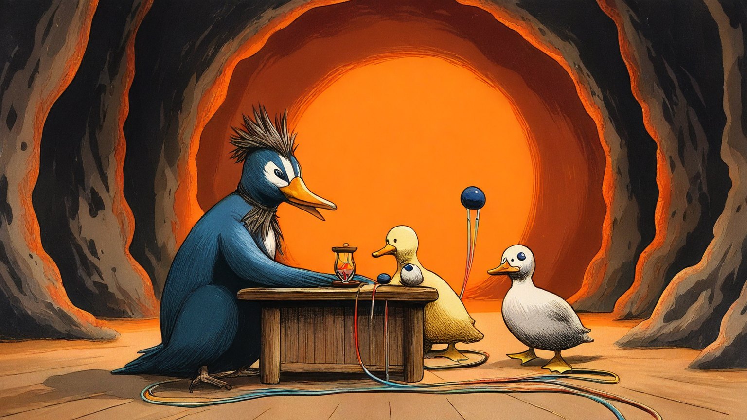 Illustrazione del corso MTCNA: In a vast, hollowed-out hollow log, a large, crested duck teacher supervises duckling students at small wooden desks. The ducklings connect colorful cables between tiny toy routers