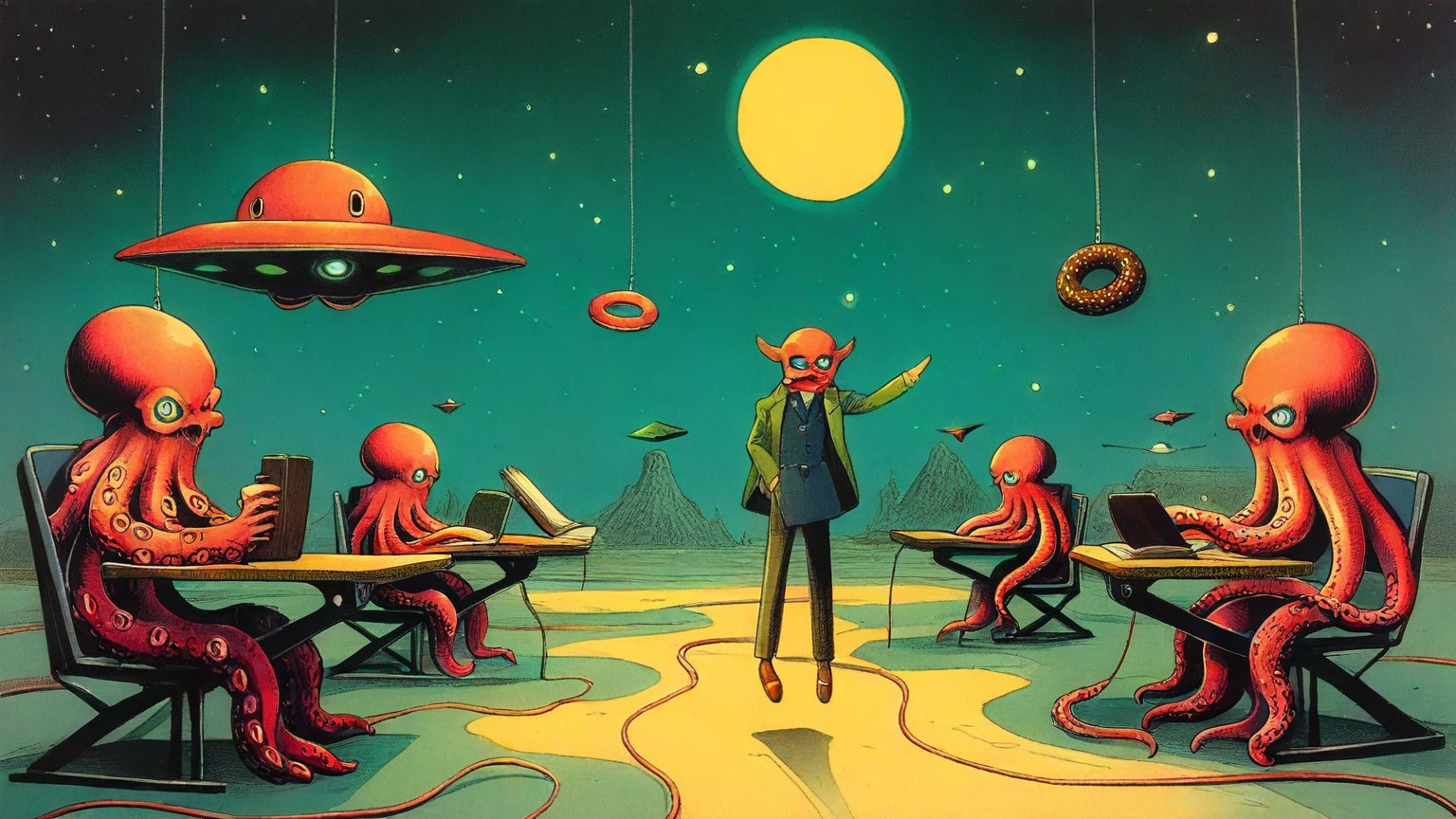 Illustrazione del corso MTCRE: Inside a floating saucer classroom, an octopus teacher and student octopuses hover over desks. They guide tiny cars along glowing paths traversing miniature floating islands. Small