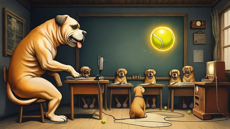 Illustrazione del corso Webinar: Inside a cozy wooden cabin, a large bulldog teacher instructs student dogs in fluffy slippers. They sit at small wooden desks, each holding a tiny router with tangled cables, gathe