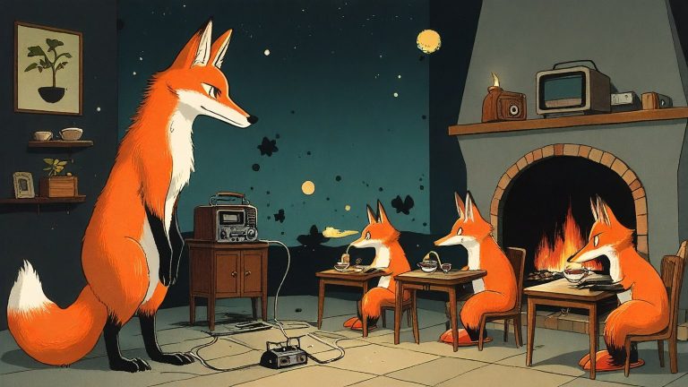 Illustrazione del corso Webinar: In a cozy living room, a large fox teacher stands beside a massive vintage radio by a crackling fireplace. Student foxes in fluffy slippers sit at small desks, each holding a tiny