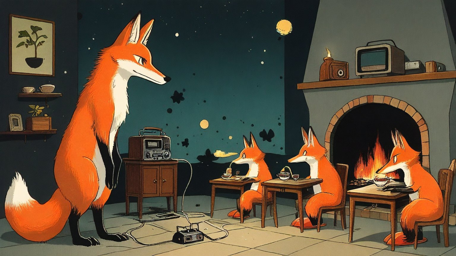 Illustrazione del corso Webinar: In a cozy living room, a large fox teacher stands beside a massive vintage radio by a crackling fireplace. Student foxes in fluffy slippers sit at small desks, each holding a tiny