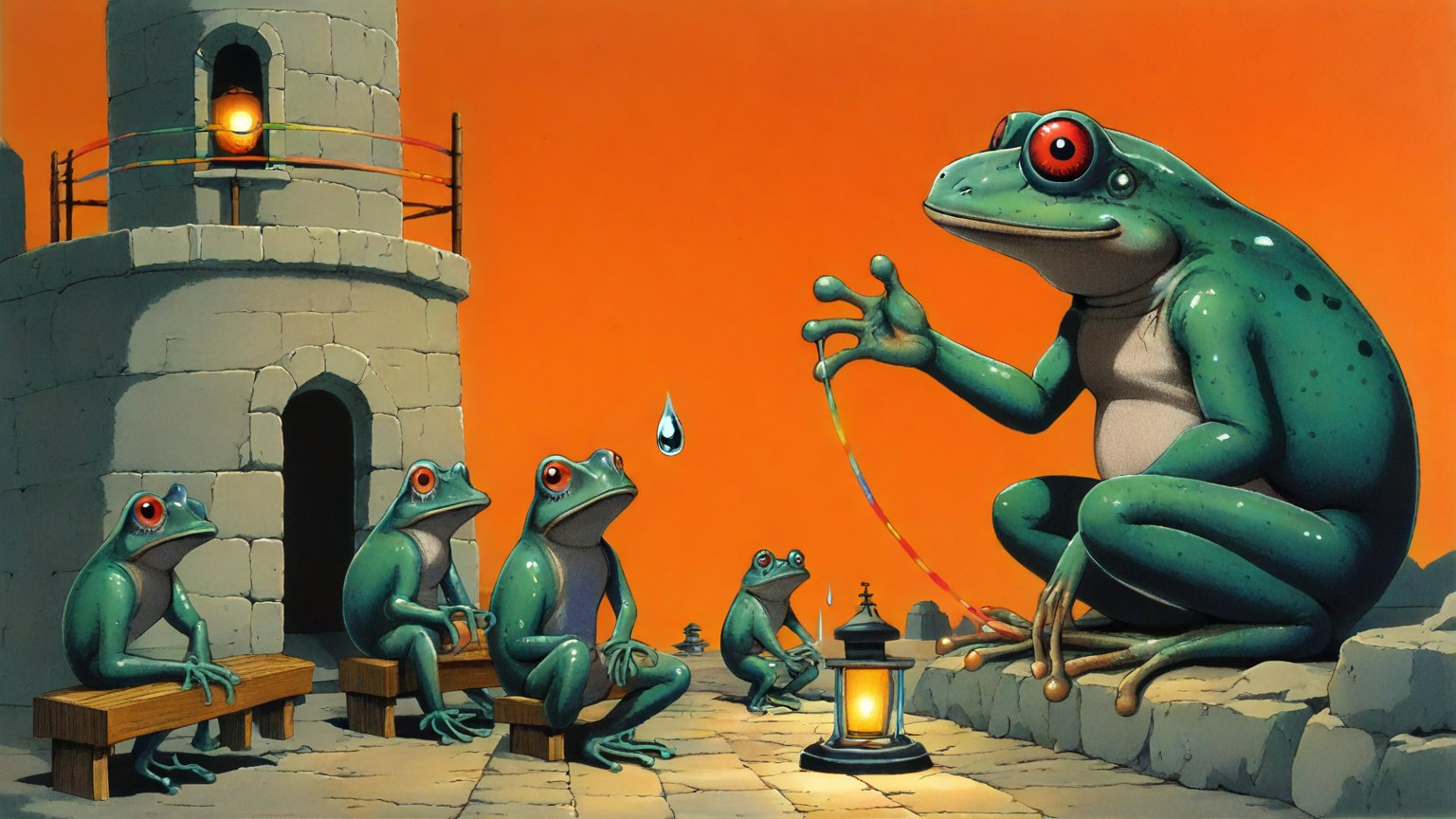 Illustrazione del corso MTCNA: Inside a stone lighthouse, a large toad teacher instructs frog students at small wooden benches. The frogs tie colorful cables between glowing lanterns and tiny toy routers. One st