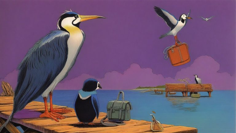 Illustrazione del corso MTCINE: On a wooden pier, a giant heron teacher instructs small puffin students seated at driftwood benches. Carrier pigeons fly between distant floating islands, transporting parcels thro