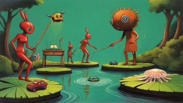 Illustrazione del corso MTCRE: In a classroom of floating lily pads, an antennaed teacher and student aliens hover over a river. They use long wooden sticks to guide toy cars across miniature bridges and junctio