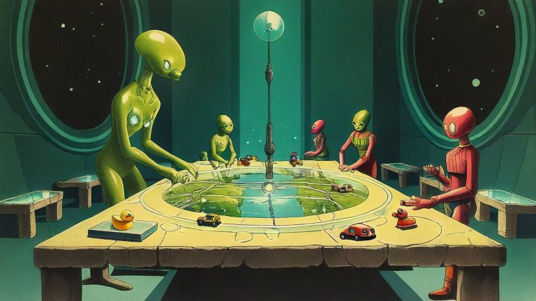 Illustrazione del corso MTCRE: In a cavernous observatory classroom, a large green alien teacher and student aliens gather around a massive, glowing glass table. They manipulate tiny toy cars through a complex m