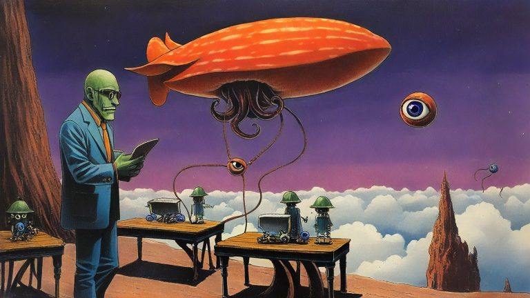 Illustrazione del corso MTCINE: Aboard a drifting zeppelin, a giant tentacled instructor guides small alien students at wooden benches. Through open cargo bays, they drop parcels toward misty islands below. Minia