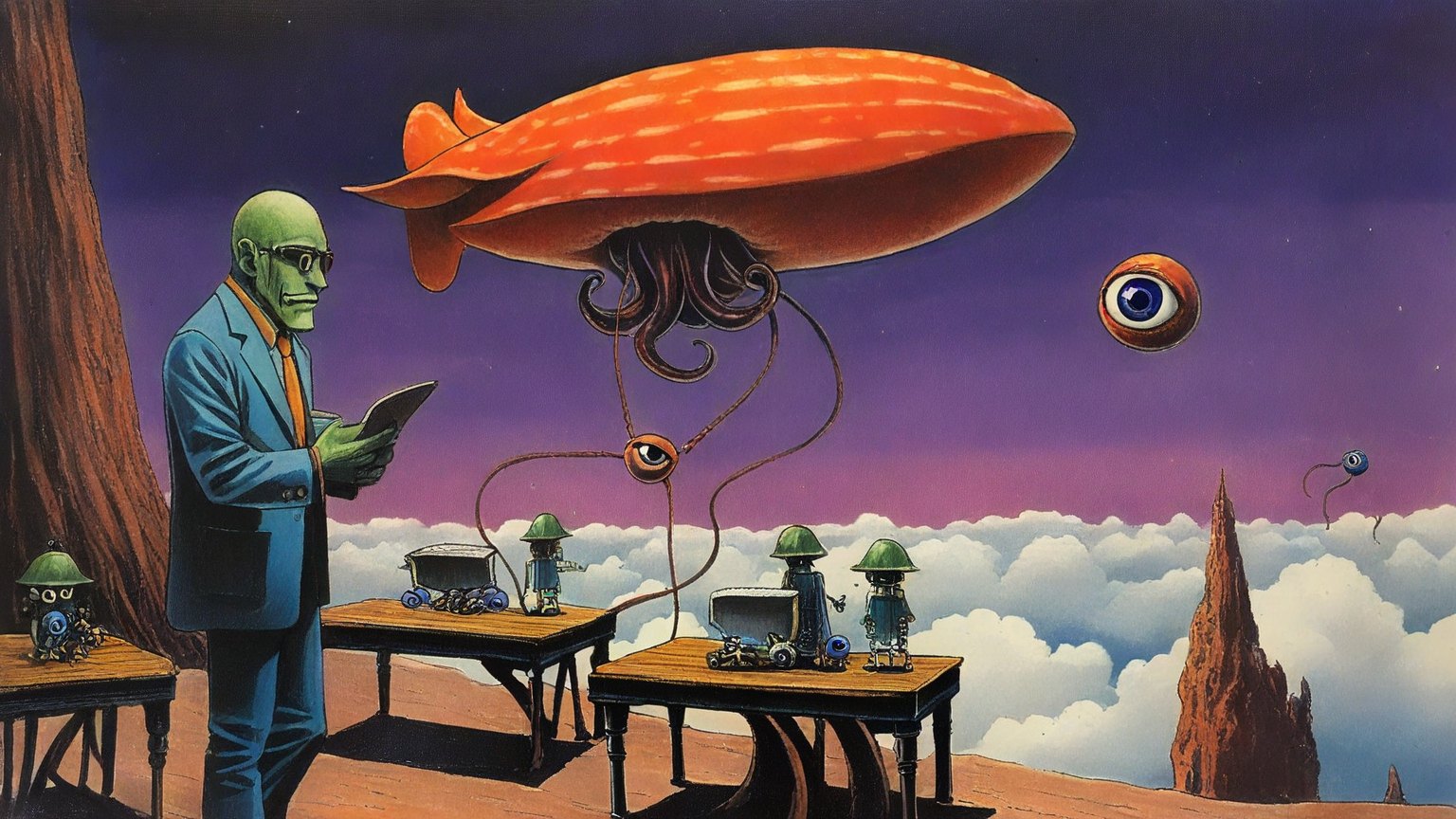 Illustrazione del corso MTCINE: Aboard a drifting zeppelin, a giant tentacled instructor guides small alien students at wooden benches. Through open cargo bays, they drop parcels toward misty islands below. Minia