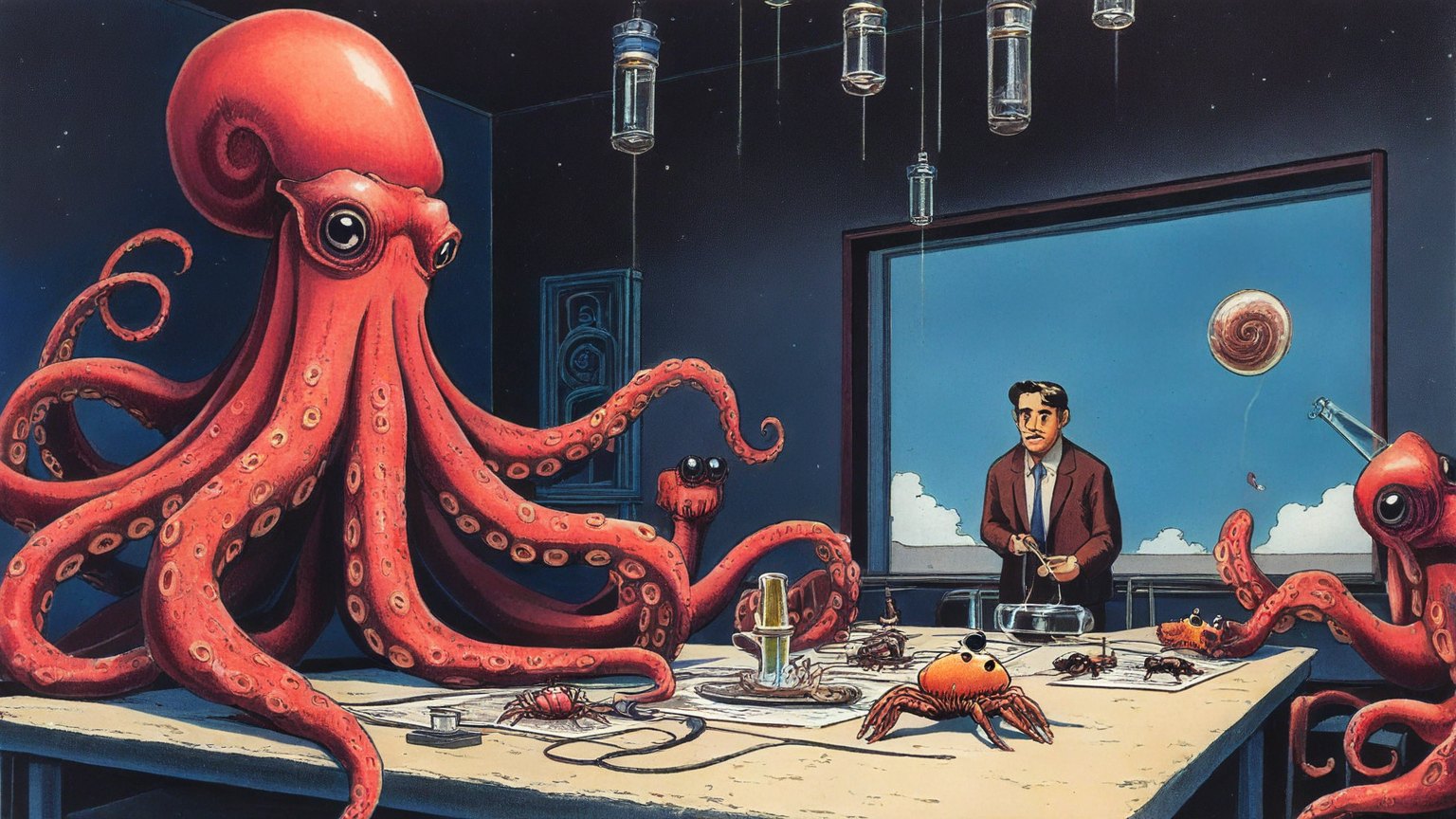 Illustrazione del corso MTCINE: In a floating classroom, a giant octopus teacher demonstrates parcel sorting to small crab students at stone desks. Glass pneumatic tubes spiral toward distant islands. On each des