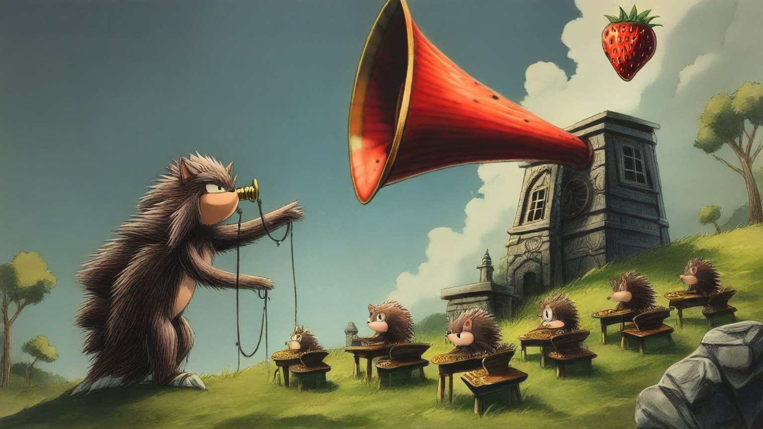 Illustrazione del corso Webinar: On a steep grassy hillside, a large hedgehog teacher gestures toward a massive gramophone horn erupting from a stone tower. Student hedgehogs sit on wooden benches, each desk holdi