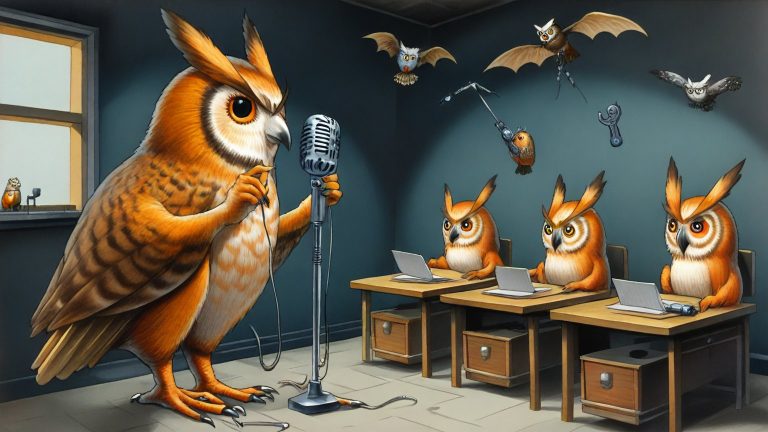 Illustrazione del corso Webinar: Inside a cramped radio studio, a large owl teacher speaks into a vintage microphone. Student owls sit at small desks, each holding a tiny router with tangled cables. Outside the st