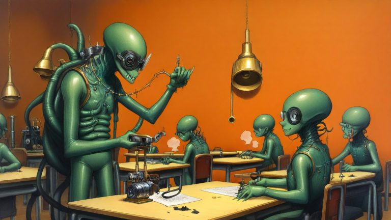 Illustrazione del corso MTCNA: Inside a brass-walled steam classroom, a large, many-tentacled green alien teacher instructs small green alien students at metallic desks. Each desk holds a tiny, puffing brass rou