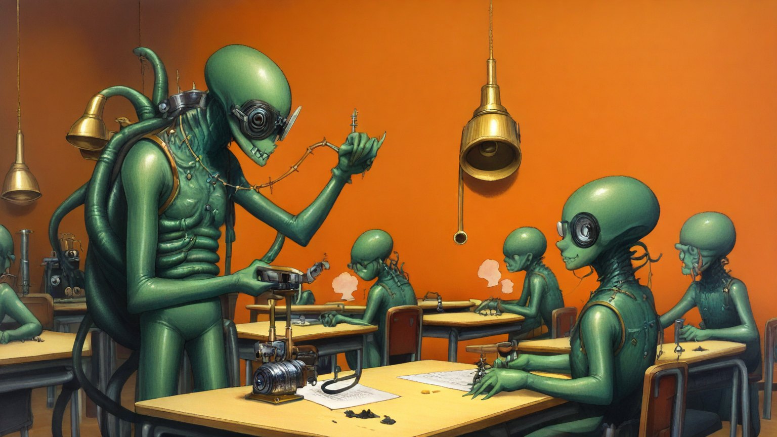 Illustrazione del corso MTCNA: Inside a brass-walled steam classroom, a large, many-tentacled green alien teacher instructs small green alien students at metallic desks. Each desk holds a tiny, puffing brass rou