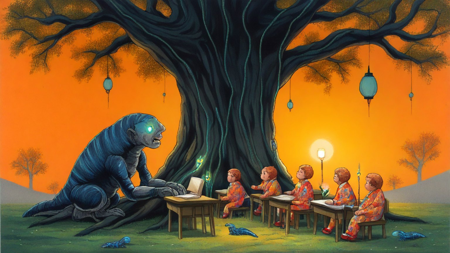 Illustrazione del corso MTCNA: Under a giant, ancient oak tree, a large, wise crustacean teacher instructs several baby octopuses. At small wooden desks, the students connect colorful cables between tiny toy rou
