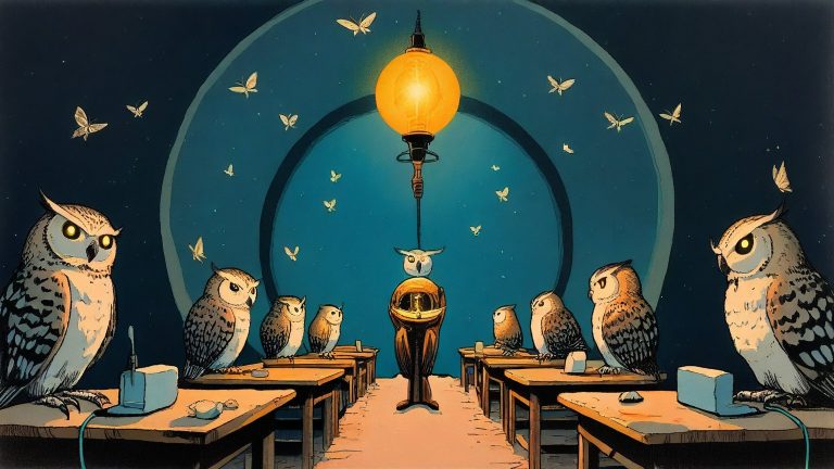 Illustrazione del corso MTCWE: In a dark, cavernous observatory, a large owl teacher stands before several owl students perched on wooden benches. Small, glowing routers sit on each desk, connected by tangled ca