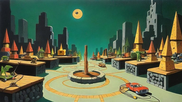 Illustrazione del corso MTCRE: In a classroom of floating stone benches, a three-eyed teacher instructs student aliens as they stack wooden blocks into a sprawling road network. Tiny cars zoom around a miniature