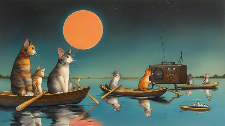 Illustrazione del corso Webinar: On a mirror-like lake, a large cat teacher guides student cats in various wooden rowing boats. They surround a massive, floating antique radio. Each boat holds a small bench with a