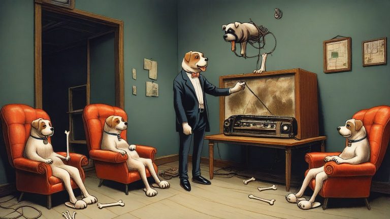 Illustrazione del corso Webinar: In a dusty attic, a large bulldog teacher stands by a massive vintage radio with a router perched on top. Student dogs in fluffy slippers sit in armchairs around small desks, each