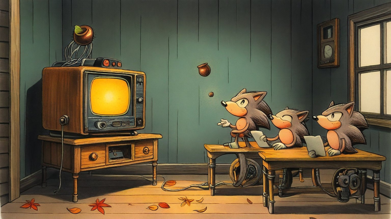 Illustrazione del corso Webinar: Inside a wooden cabin, a hedgehog teacher gestures toward a massive, glowing vintage radio. Student hedgehogs sit at small benches, each desk holding a tiny router with tangled cab
