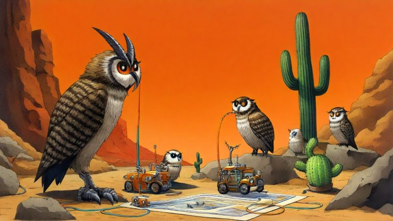Illustrazione del corso MTCNA: In a red desert canyon, a large horned owl teacher instructs several young owlets perched on sandstone boulders. At small stone desks, the owlets connect tiny toy routers using lon