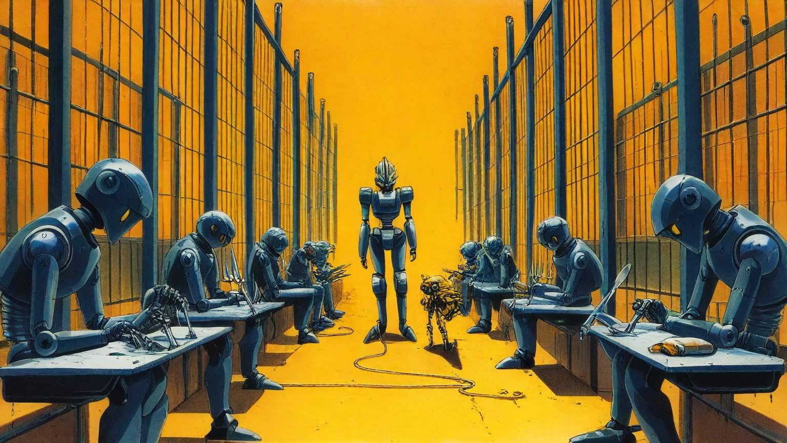 Illustrazione del corso MTCSE: In a labyrinth of iron gates, a robotic knight teacher guides small robot knight students seated at metal benches. The students examine small routers with tangled cables, while a s