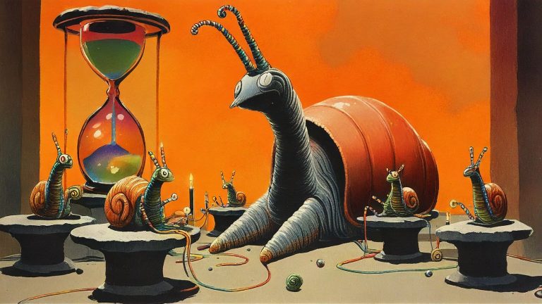 Illustrazione del corso MTCNA: Inside a vast glass observatory, a large snail teacher supervises snail students at small stone desks. Each student connects colorful cables between tiny toy routers and flickering