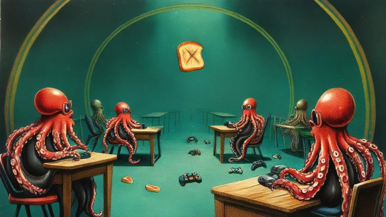 Illustrazione del corso MTCRE: In a circular classroom, an octopus teacher and student octopuses sit at low benches. They grip handheld controllers, guiding tiny cars through a sprawling, multi-lane slot-car rac